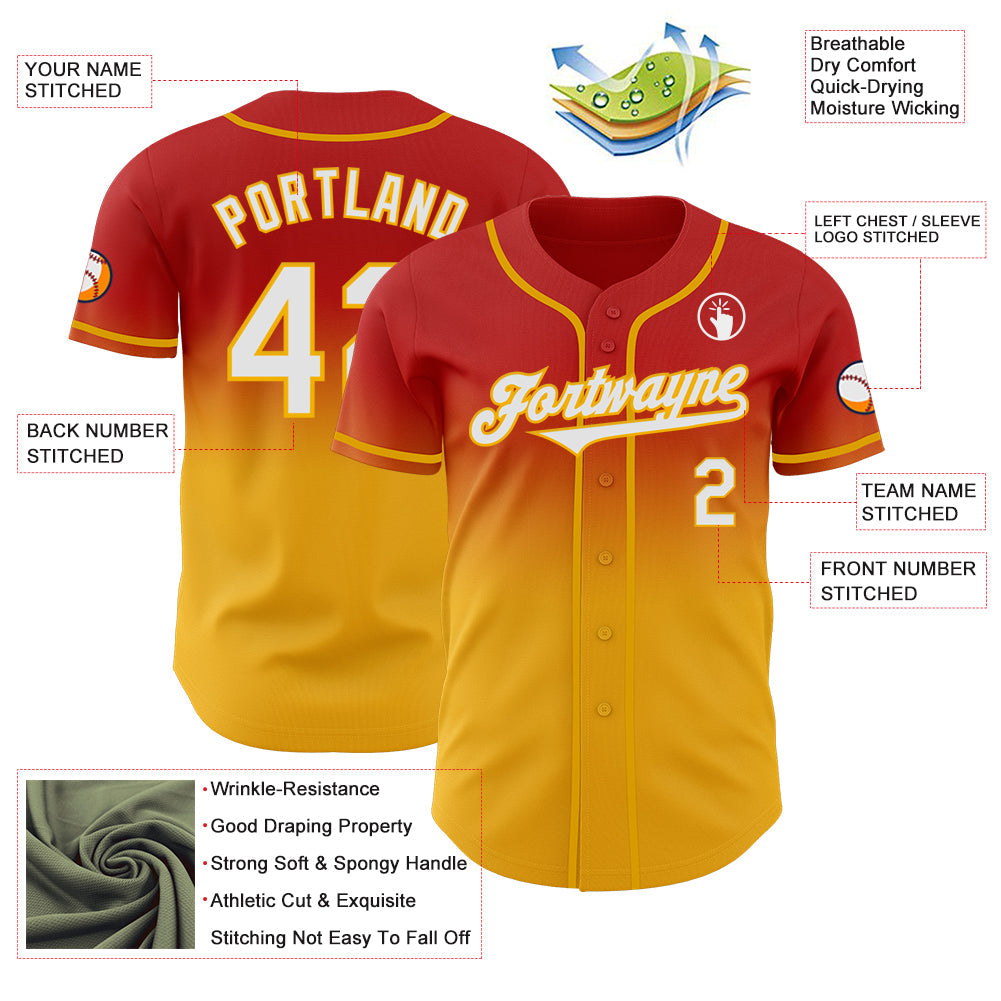 Custom Red White-Gold Authentic Fade Fashion Baseball Jersey