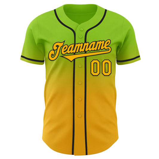 Custom Neon Green Gold-Black Authentic Fade Fashion Baseball Jersey