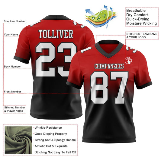 Custom Red White-Black Mesh Authentic Fade Fashion Football Jersey
