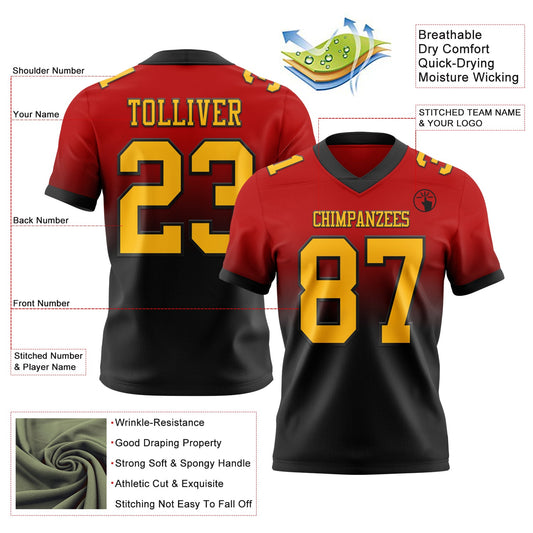 Custom Red Gold-Black Mesh Authentic Fade Fashion Football Jersey