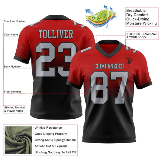 Custom Red Gray-Black Mesh Authentic Fade Fashion Football Jersey