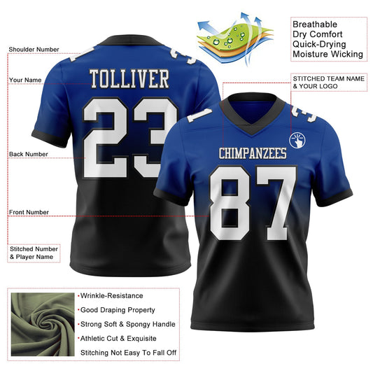 Custom Royal White-Black Mesh Authentic Fade Fashion Football Jersey