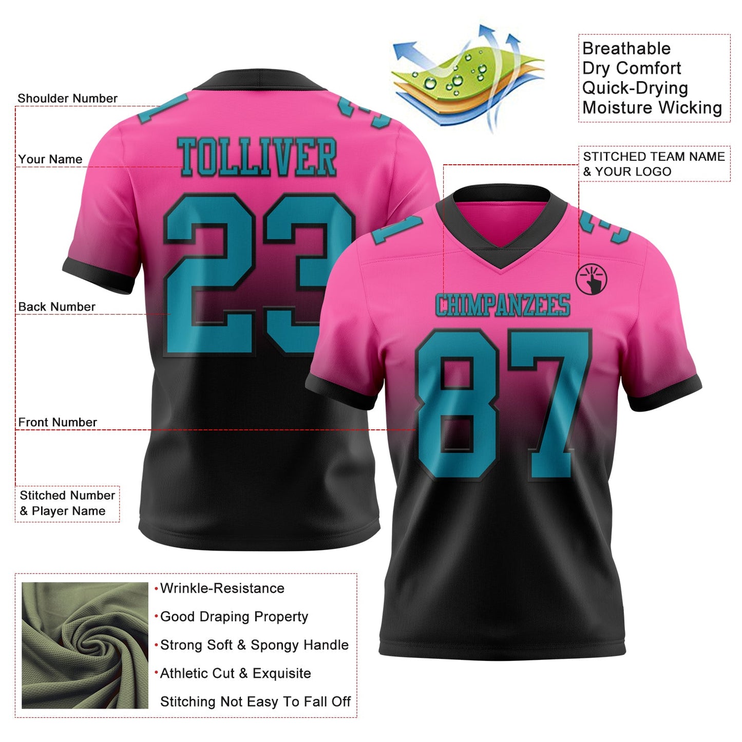 Custom Pink Teal-Black Mesh Authentic Fade Fashion Football Jersey