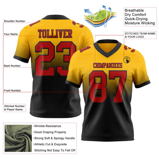 Custom Gold Red-Black Mesh Authentic Fade Fashion Football Jersey