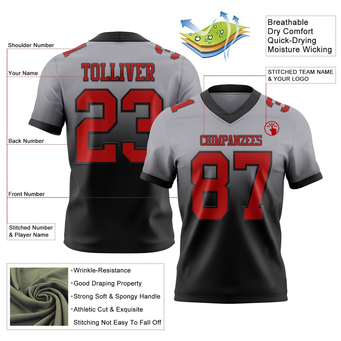 Custom Gray Red-Black Mesh Authentic Fade Fashion Football Jersey