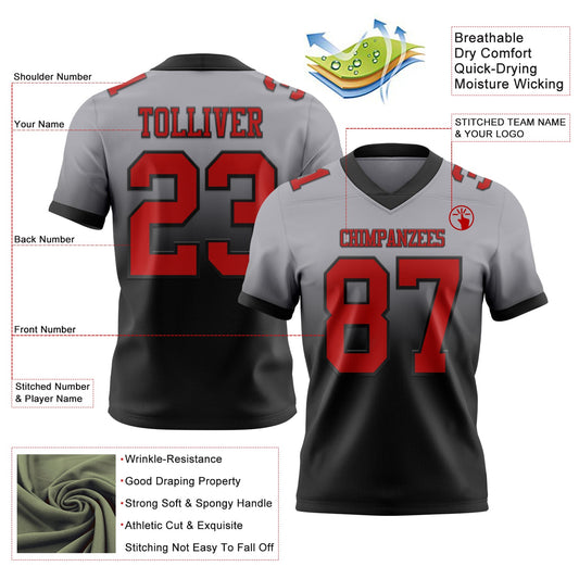 Custom Gray Red-Black Mesh Authentic Fade Fashion Football Jersey
