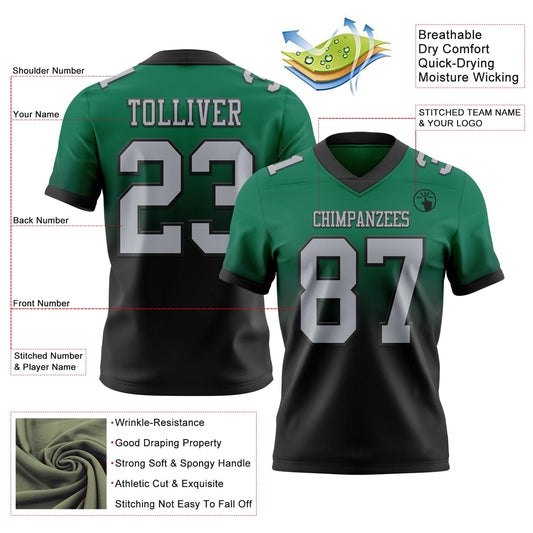 Custom Kelly Green Gray-Black Mesh Authentic Fade Fashion Football Jersey