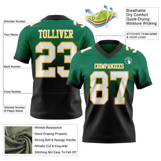 Custom Kelly Green White Black-Gold Mesh Authentic Fade Fashion Football Jersey