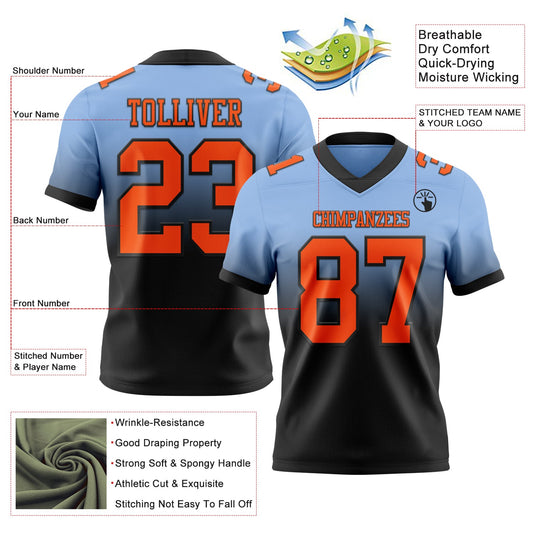 Custom Light Blue Orange-Black Mesh Authentic Fade Fashion Football Jersey