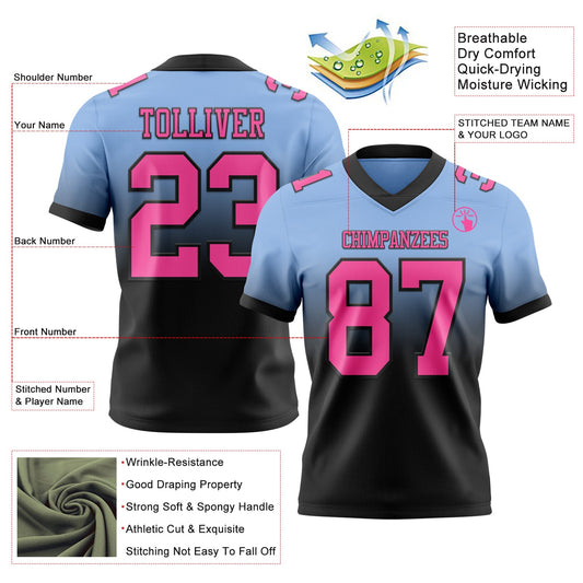 Custom Light Blue Pink-Black Mesh Authentic Fade Fashion Football Jersey