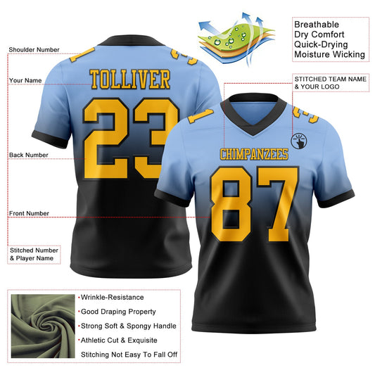 Custom Light Blue Gold-Black Mesh Authentic Fade Fashion Football Jersey