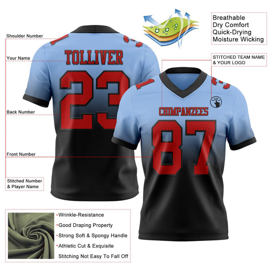 Custom Light Blue Red-Black Mesh Authentic Fade Fashion Football Jersey