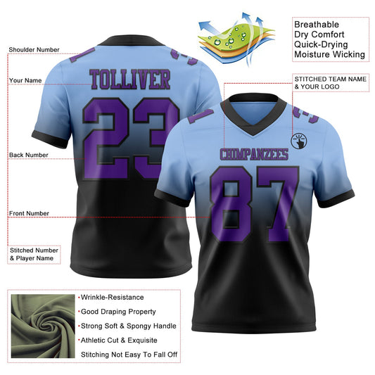 Custom Light Blue Purple-Black Mesh Authentic Fade Fashion Football Jersey
