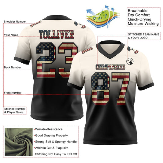Custom Cream Vintage USA Flag-Black Mesh Authentic Fade Fashion Football Jersey