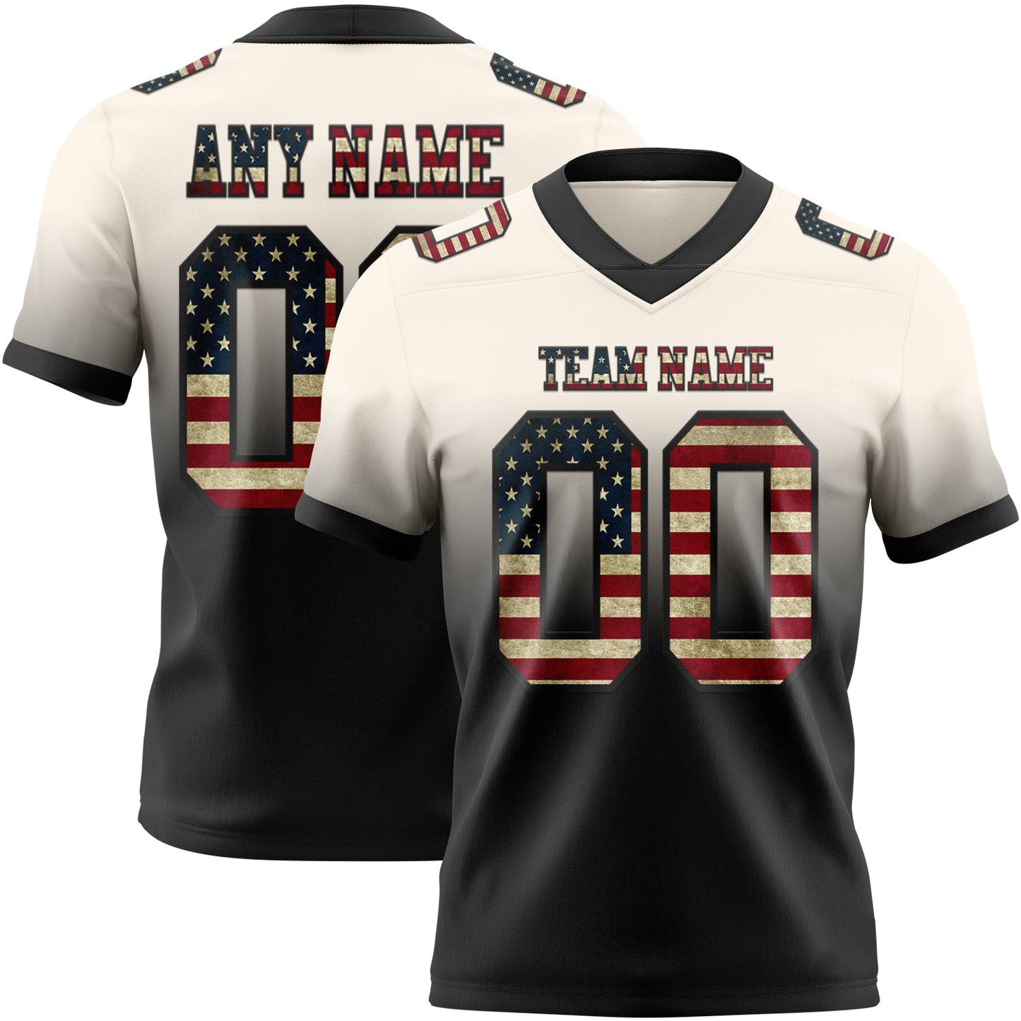 Custom Cream Vintage USA Flag-Black Mesh Authentic Fade Fashion Football Jersey