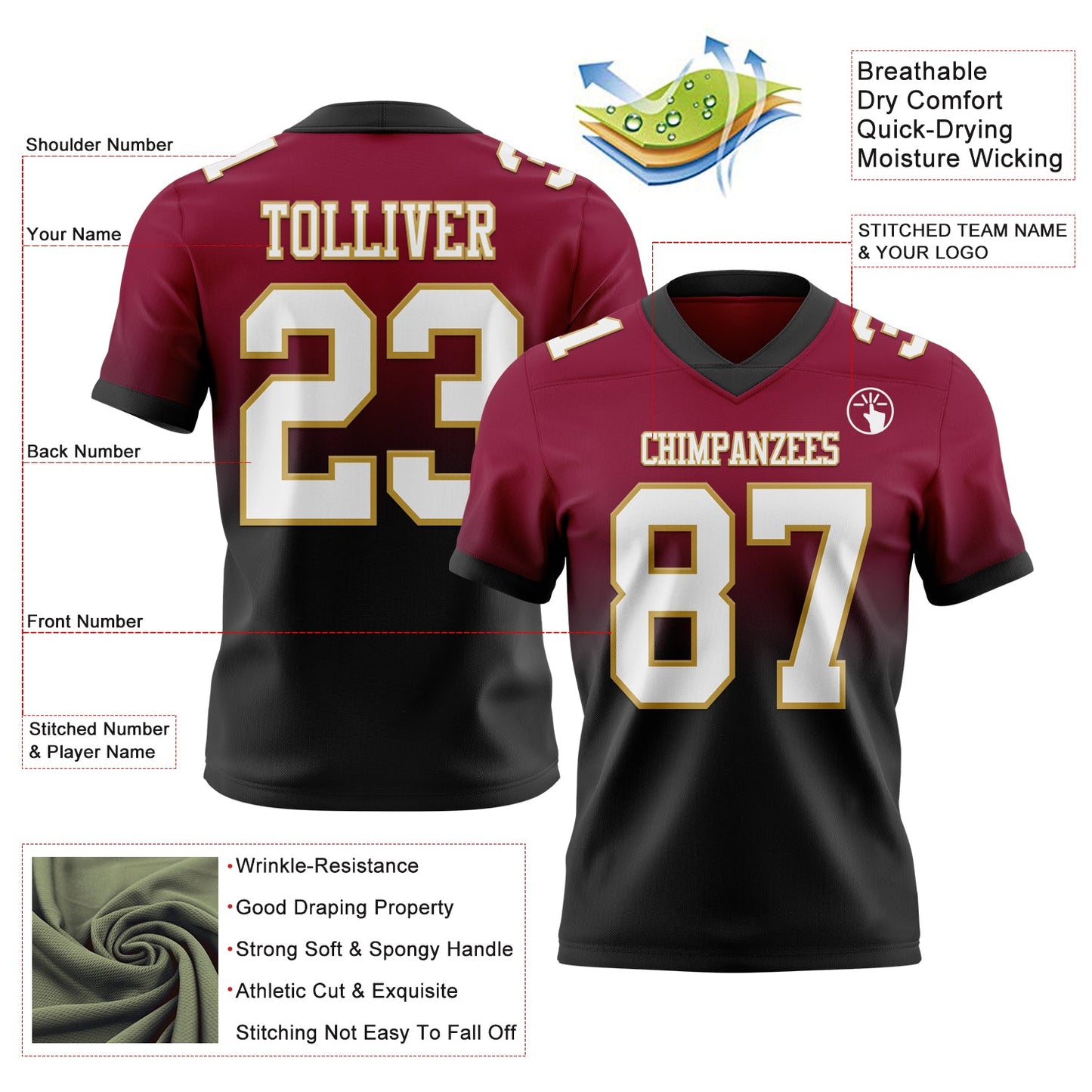 Custom Maroon White Black-Old Gold Mesh Authentic Fade Fashion Football Jersey