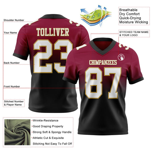 Custom Maroon White Black-Old Gold Mesh Authentic Fade Fashion Football Jersey