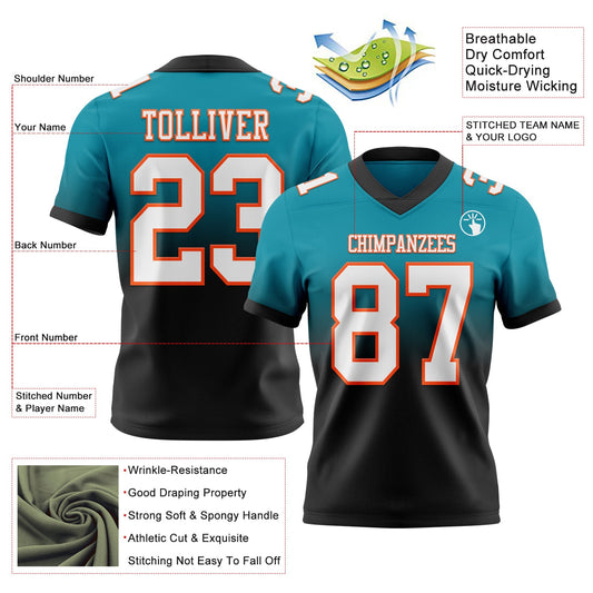 Custom Teal White Black-Orange Mesh Authentic Fade Fashion Football Jersey