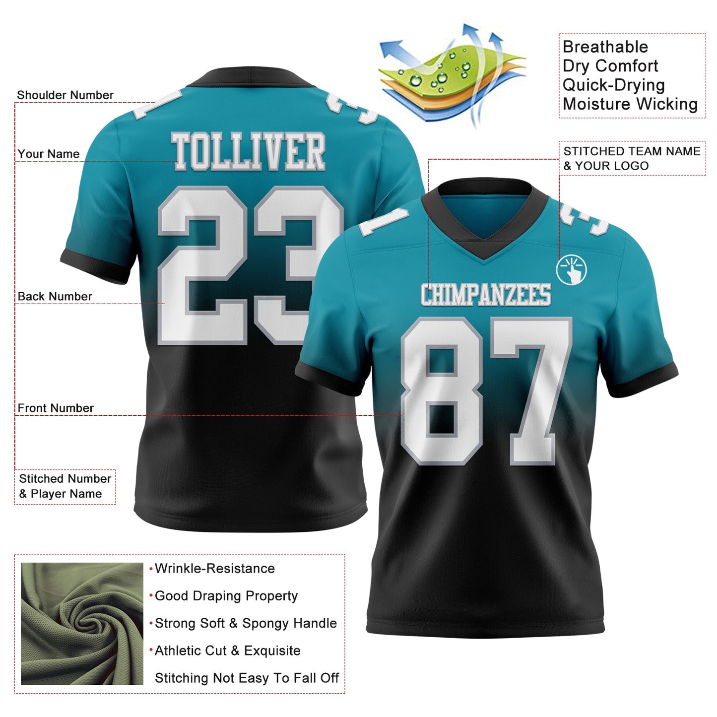 Custom Teal White Black-Gray Mesh Authentic Fade Fashion Football Jersey