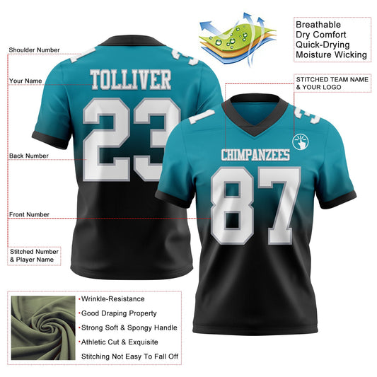 Custom Teal White Black-Gray Mesh Authentic Fade Fashion Football Jersey