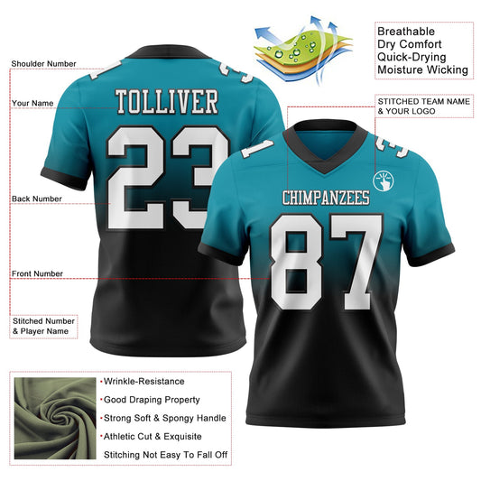 Custom Teal White-Black Mesh Authentic Fade Fashion Football Jersey