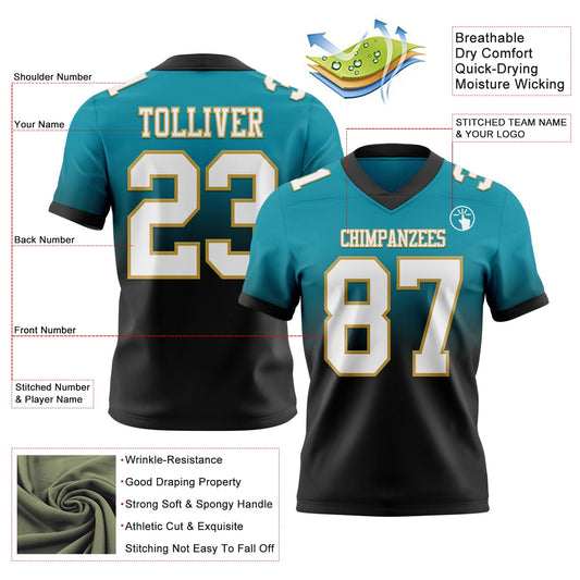 Custom Teal White Black-Old Gold Mesh Authentic Fade Fashion Football Jersey