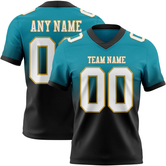 Custom Teal White Black-Old Gold Mesh Authentic Fade Fashion Football Jersey