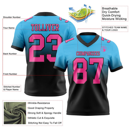 Custom Sky Blue Pink-Black Mesh Authentic Fade Fashion Football Jersey