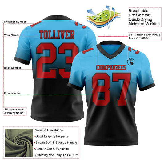 Custom Sky Blue Red-Black Mesh Authentic Fade Fashion Football Jersey