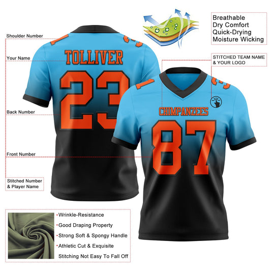 Custom Sky Blue Orange-Black Mesh Authentic Fade Fashion Football Jersey