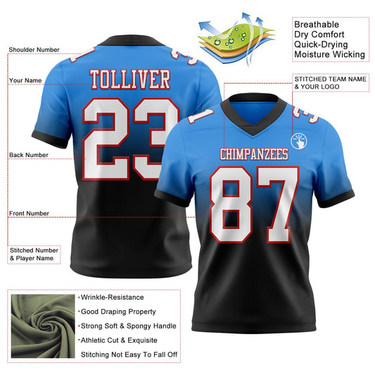 Custom Powder Blue White Black-Red Mesh Authentic Fade Fashion Football Jersey
