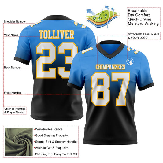 Custom Powder Blue White Black-Gold Mesh Authentic Fade Fashion Football Jersey
