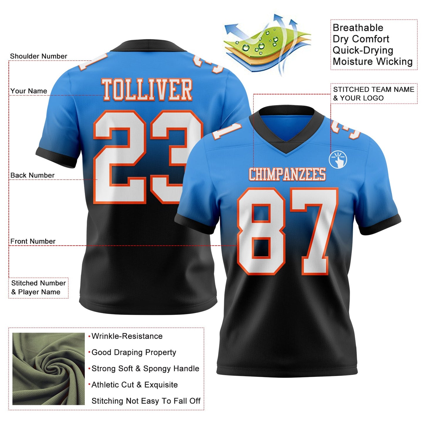 Custom Powder Blue White Black-Orange Mesh Authentic Fade Fashion Football Jersey