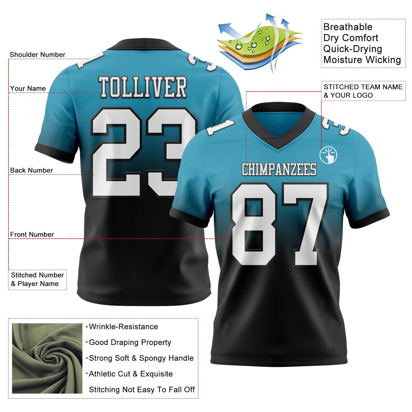 Custom Panther Blue White Black Mesh Authentic Fade Fashion Football Jersey