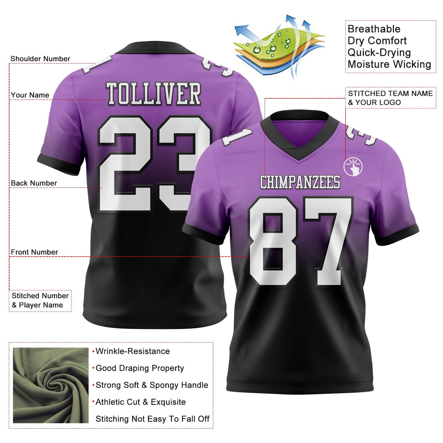 Custom Medium Purple White-Black Mesh Authentic Fade Fashion Football Jersey