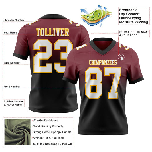Custom Burgundy White Black-Gold Mesh Authentic Fade Fashion Football Jersey
