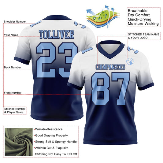 Custom White Light Blue-Navy Mesh Authentic Fade Fashion Football Jersey
