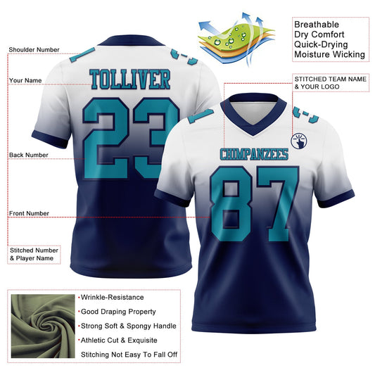 Custom White Teal-Navy Mesh Authentic Fade Fashion Football Jersey