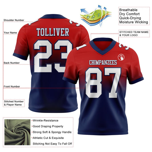 Custom Red White-Navy Mesh Authentic Fade Fashion Football Jersey