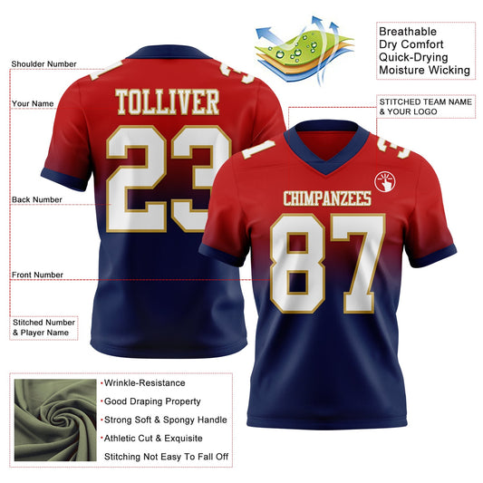 Custom Red White Navy-Old Gold Mesh Authentic Fade Fashion Football Jersey