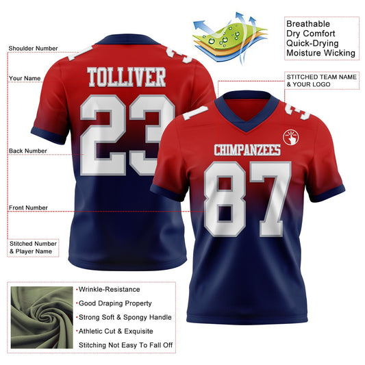 Custom Red White Navy-Gray Mesh Authentic Fade Fashion Football Jersey