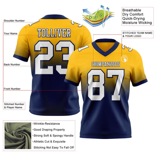 Custom Gold White-Navy Mesh Authentic Fade Fashion Football Jersey