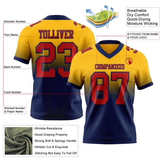 Custom Gold Red-Navy Mesh Authentic Fade Fashion Football Jersey