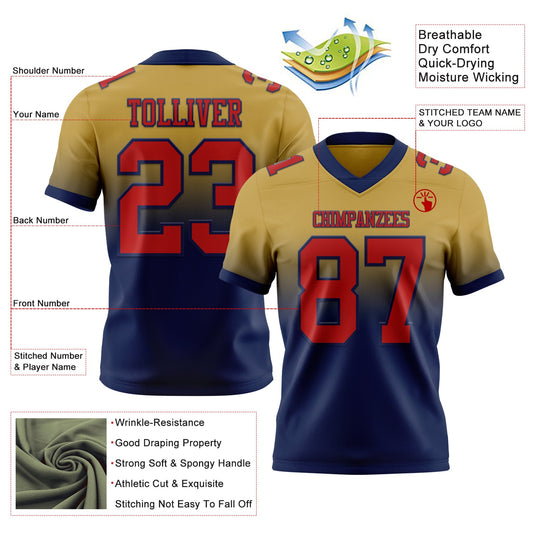 Custom Old Gold Red-Navy Mesh Authentic Fade Fashion Football Jersey