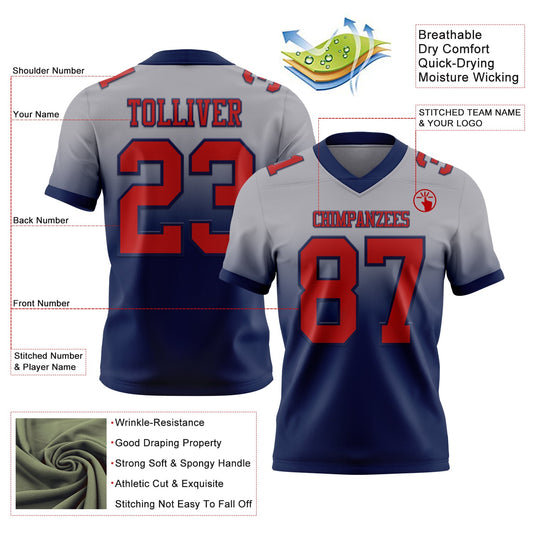 Custom Gray Red-Navy Mesh Authentic Fade Fashion Football Jersey