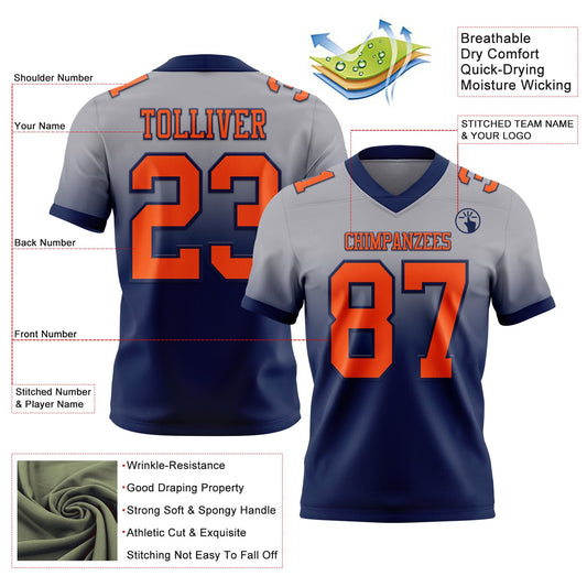 Custom Gray Orange-Navy Mesh Authentic Fade Fashion Football Jersey
