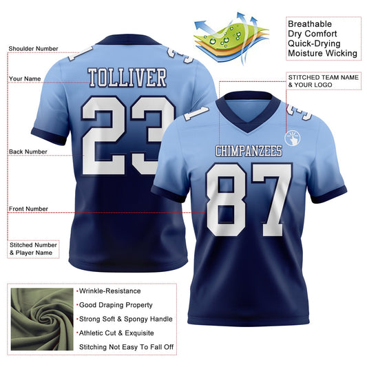 Custom Light Blue White-Navy Mesh Authentic Fade Fashion Football Jersey