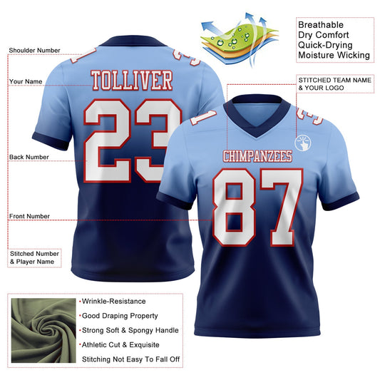 Custom Light Blue White Navy-Red Mesh Authentic Fade Fashion Football Jersey