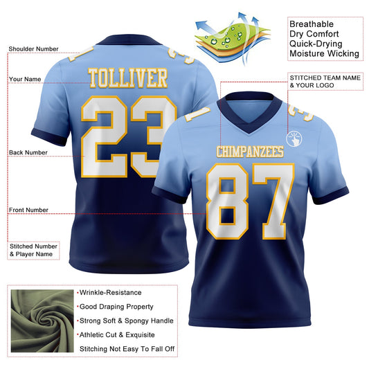 Custom Light Blue White Navy-Gold Mesh Authentic Fade Fashion Football Jersey