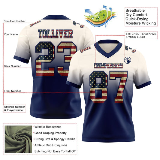 Custom Cream Vintage USA Flag-Navy Mesh Authentic Fade Fashion Football Jersey